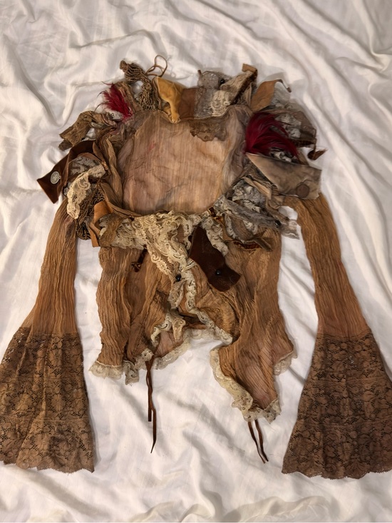Antica Sartoria Tops - Insane Brown Scoop Neck Top with Lace Sleeves and Ruffles and Feather Accents